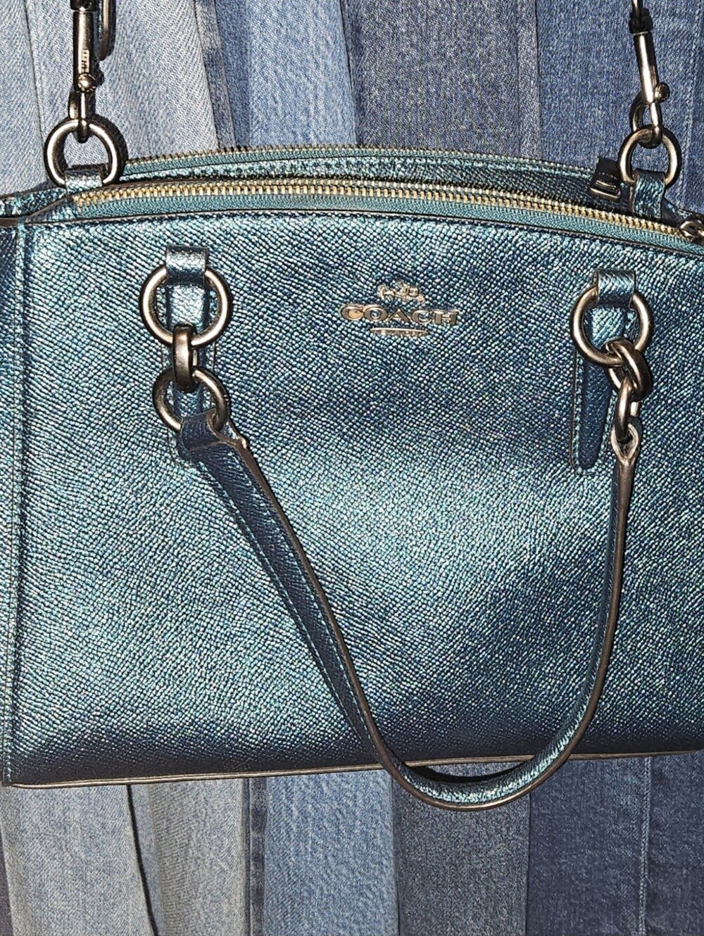 Coach Metallic Teal Dome Satchel with Polished Hardware And Wallet